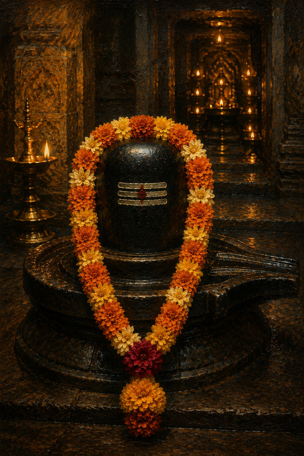 The garland laid on the liṅga in the sanctum, lamps lit behind it. A maṇamālai is a marriage-garland; this work is one strung of letters, and it is laid where the refrain lays it.
