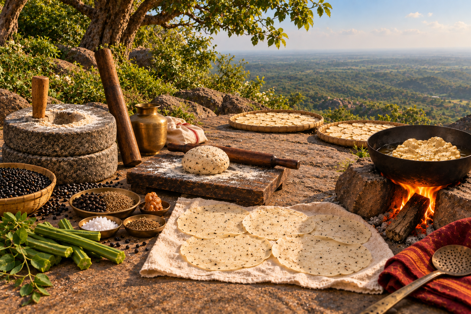 The black gram is the conceit that says 'I'. The quern is the question who am I. The pan is silence, and the fire under it is knowing. Every instrument in the picture is a step of the practice, in the order the song gives them.