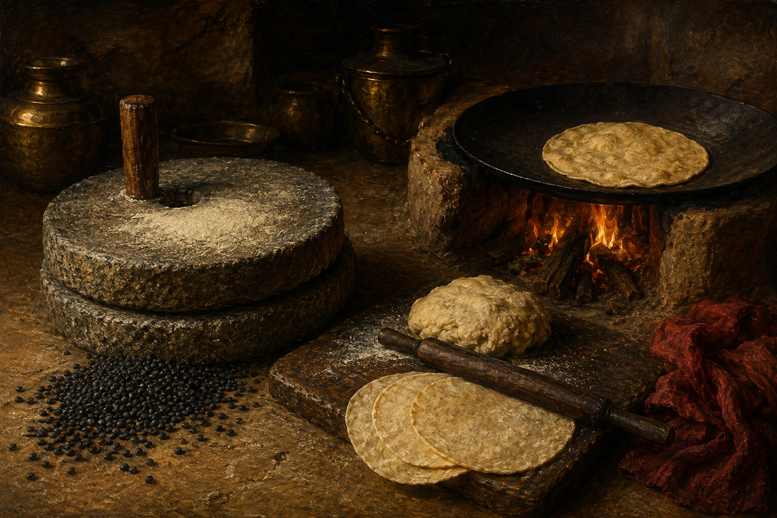 The black gram is the conceit that says 'I'. The quern is the question who am I. The pan is silence, and the fire under it is knowing. Every instrument in the picture is a step of the practice, in the order the song gives them.