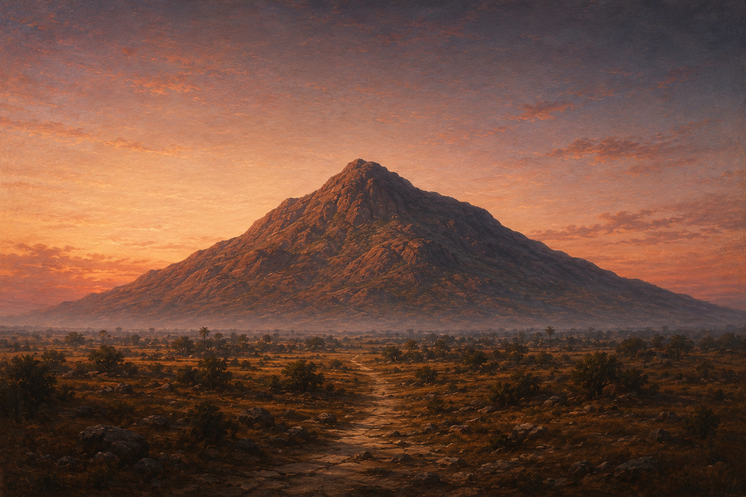 Aruṇācala in the low golden light of late afternoon: a single rocky hill rising from a flat plain, its summit a broad rounded peak of bare granite with a smaller shoulder standing to the left of it and long slopes falling away to either side. Below, dry scrub and thorn trees run to the horizon under a clear pale sky
