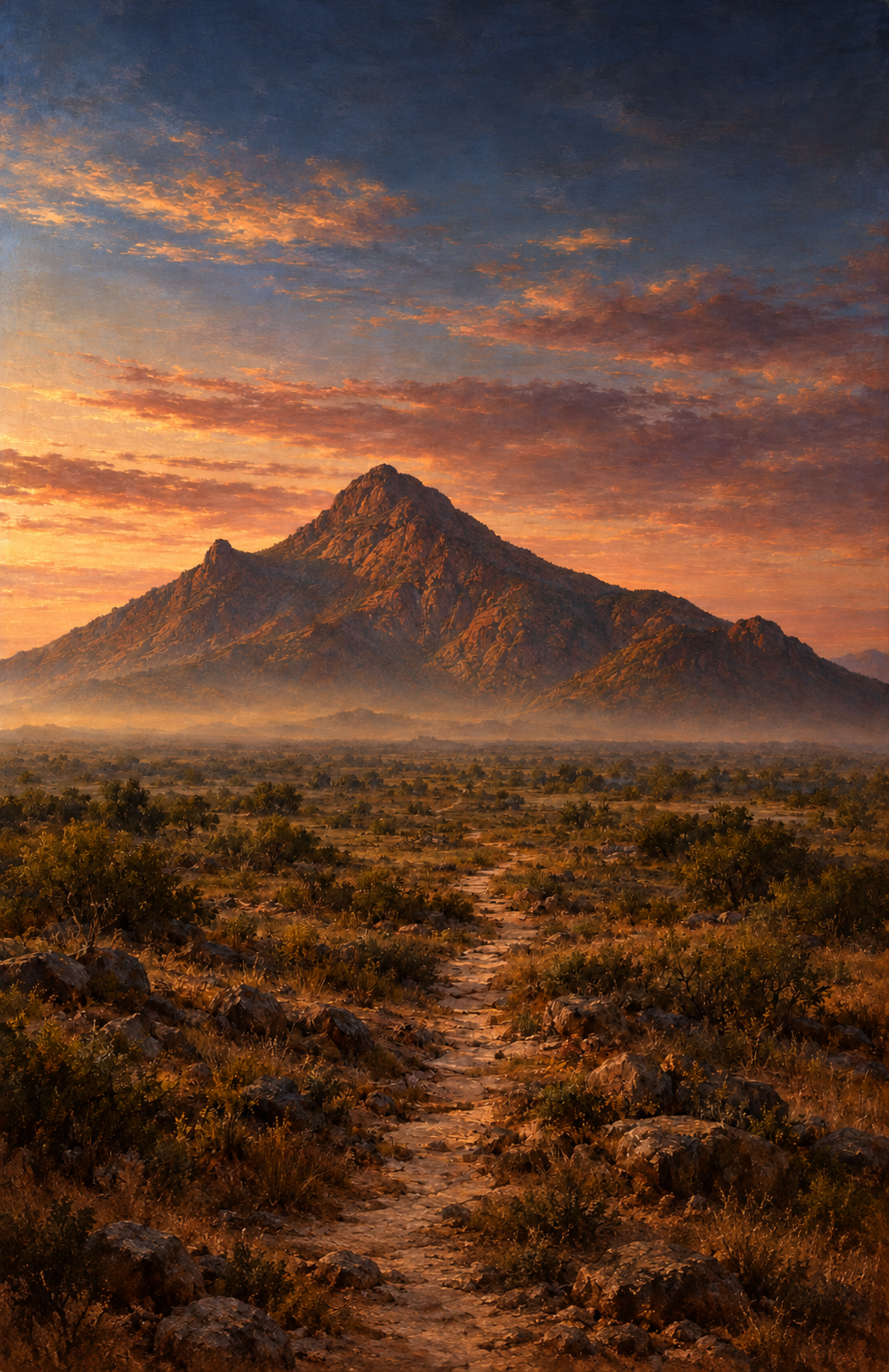 Aruṇācala in the low golden light of late afternoon: a single rocky hill rising from a flat plain, its summit a broad rounded peak of bare granite with a smaller shoulder standing to the left of it and long slopes falling away to either side. Below, dry scrub and thorn trees run to the horizon under a clear pale sky