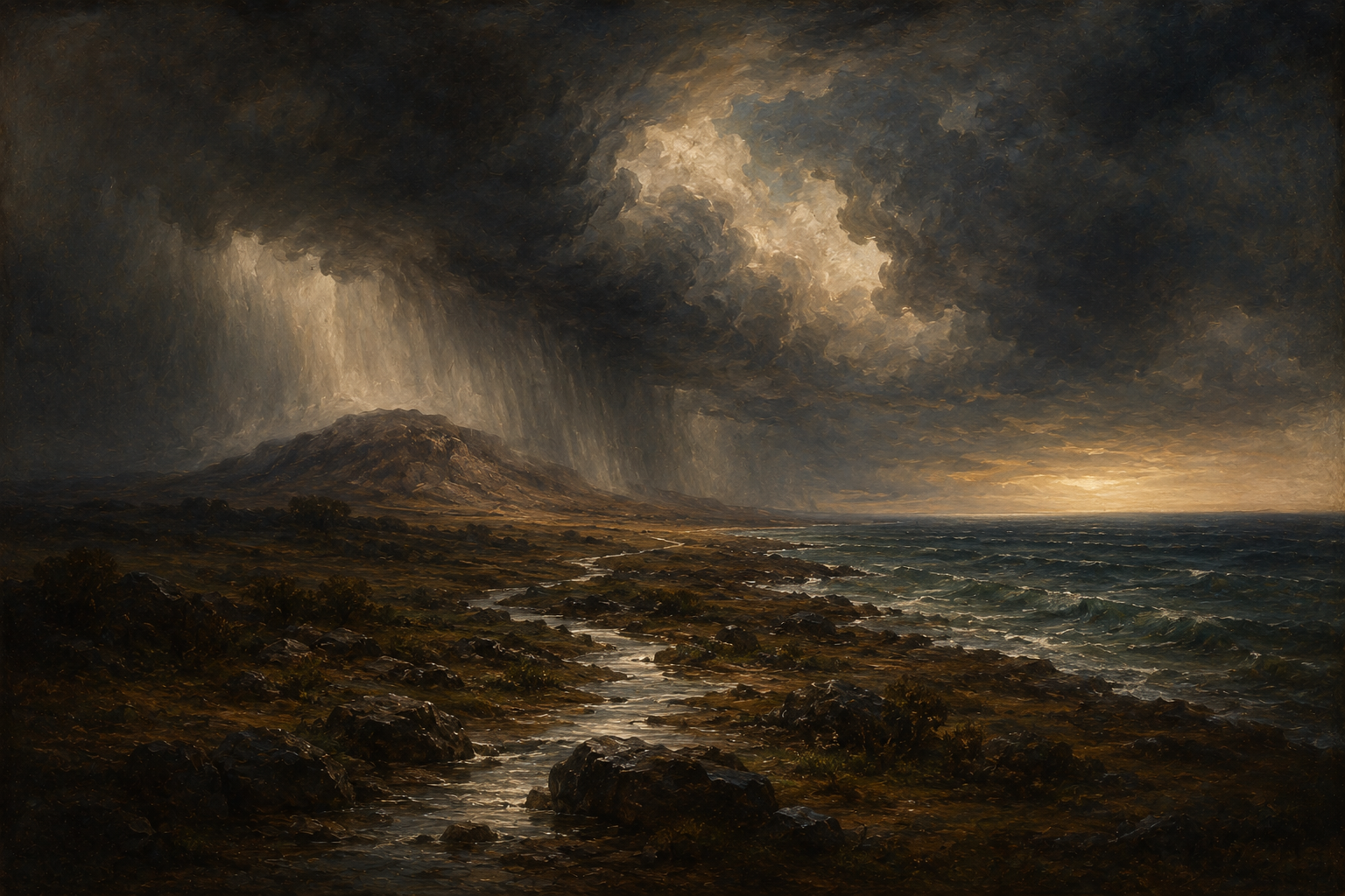 Sea, cloud, rain, stream, sea — one circuit across one landscape. The rain falls on the hill and the water starts back; nothing in the picture is at rest.
