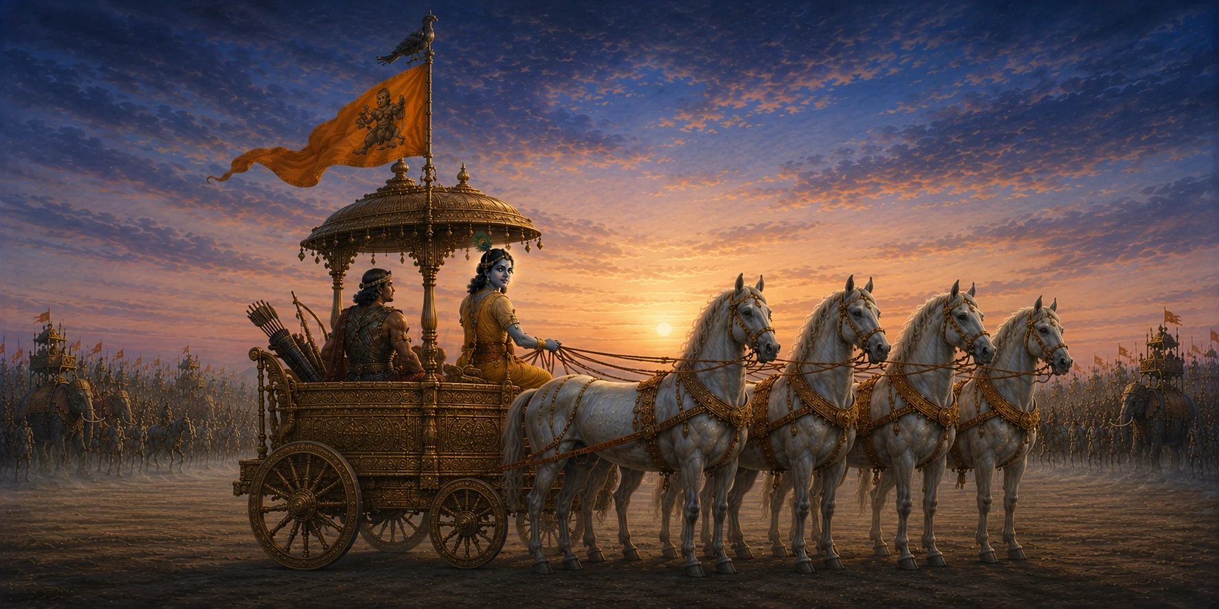 At sunrise on a wide plain, a gilded chariot drawn by four white horses stands halted between two great armies massed in haze to left and right. A blue-skinned youth in saffron-gold silks with a peacock feather in his hair sits at the reins on the driver’s seat, turned back over his shoulder; behind him under a domed canopy an armoured warrior sits with his bow and quiver laid down beside him, his head turned away. A saffron banner bearing a monkey flies above them, a bronze bird at the head of its staff
