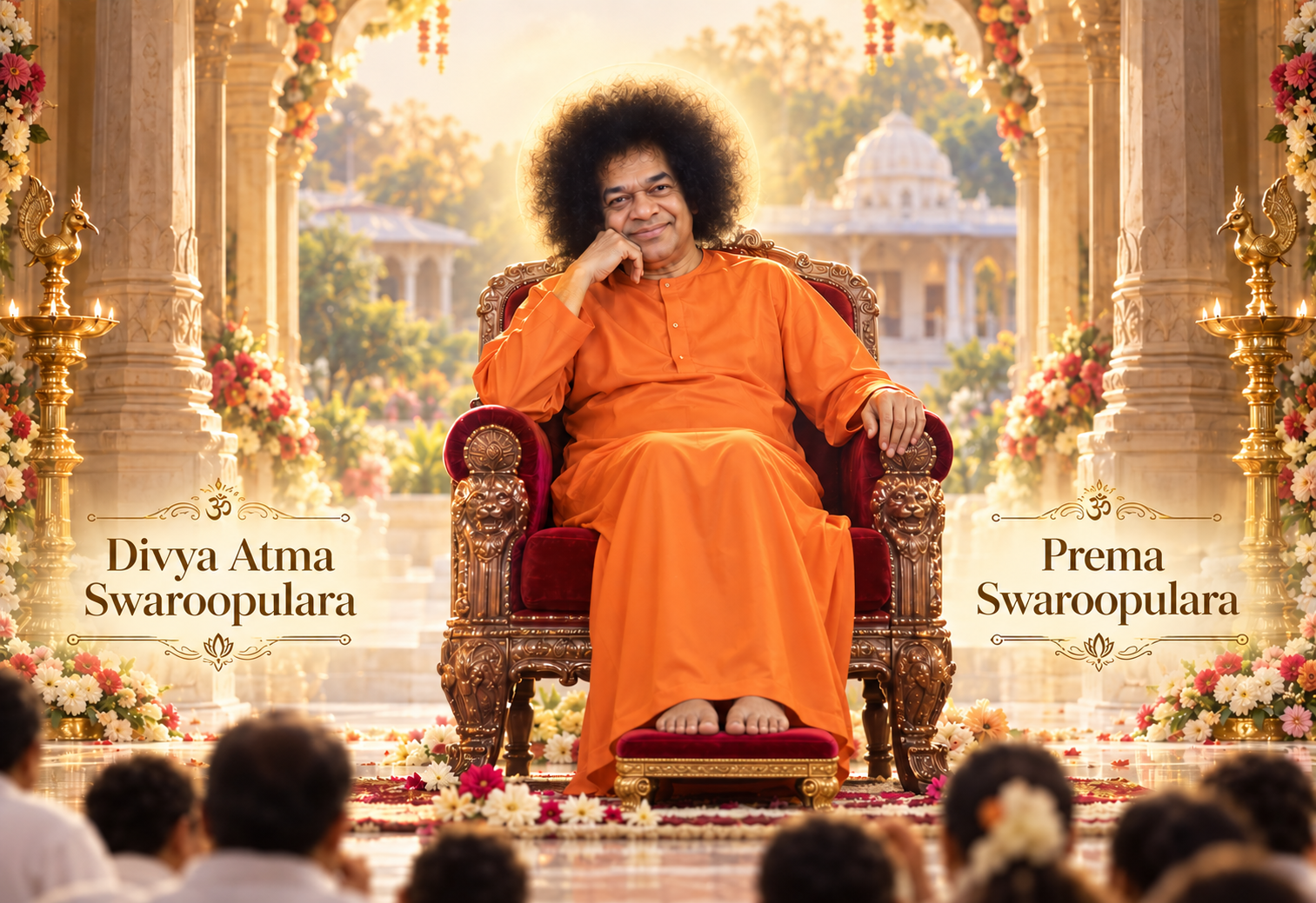 Bhagavān Śrī Satya Sāī Bābā, in his orange robe with his halo of dark hair, seated smiling in a carved wooden chair between temple pillars hung with flowers, a gathered assembly seated before him. "Divya Ātma Svarūpulāra" at the left and "Prema Svarūpulāra" at the right — Embodiments of the Divine Self, Embodiments of Love — his own way of addressing those who came to hear him.