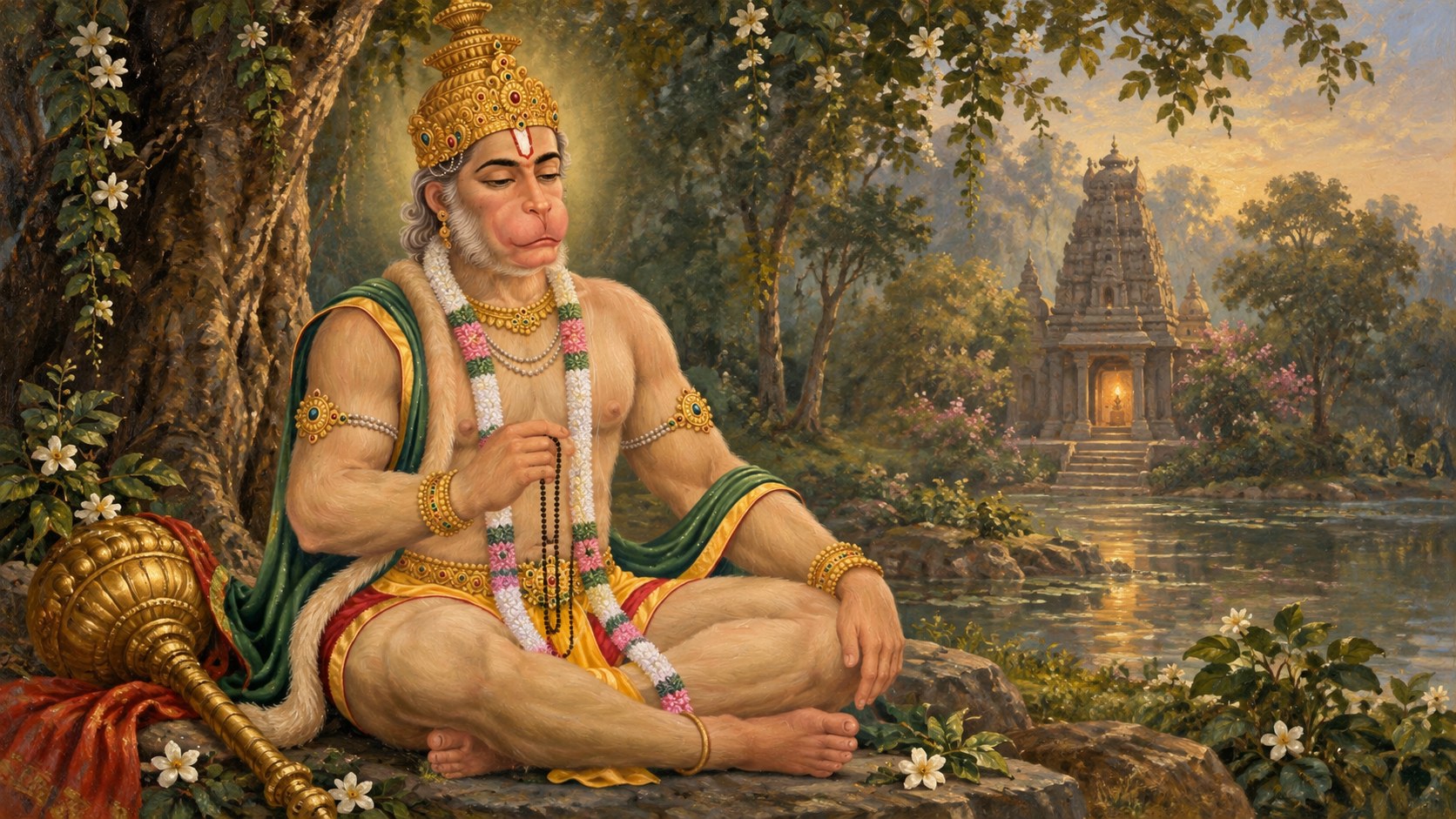 Hanumān seated in meditation beneath a tree at dawn, in a jewelled crown and garlands, a mālā in his folded hands, his gilded mace resting beside him, a lamplit shrine visible through the trees across still water.