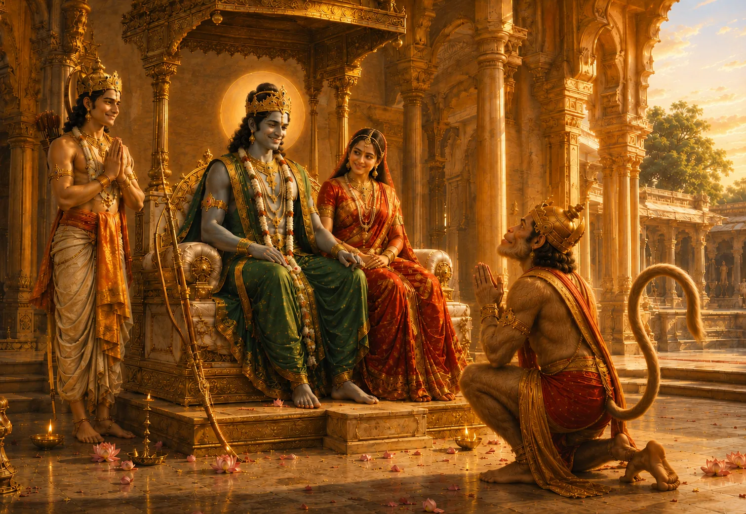 A pillared sandstone hall at sunset. On a gold and ivory throne beneath a carved canopy sits a dark-complexioned young king in green and gold silks, crowned, garlanded, a faint gold nimbus behind his head and a long bow resting against the throne beside him. A young queen in a red and gold sari is seated at his left, her hands near his. A younger brother stands at his right in pale silks with a quiver at his shoulder, palms joined. At the foot of the throne a powerful monkey-faced devotee kneels on one knee with his palms pressed together and his eyes raised to the king, his tail curved behind him. Oil lamps burn along the plinth and lotus petals lie scattered on the polished floor