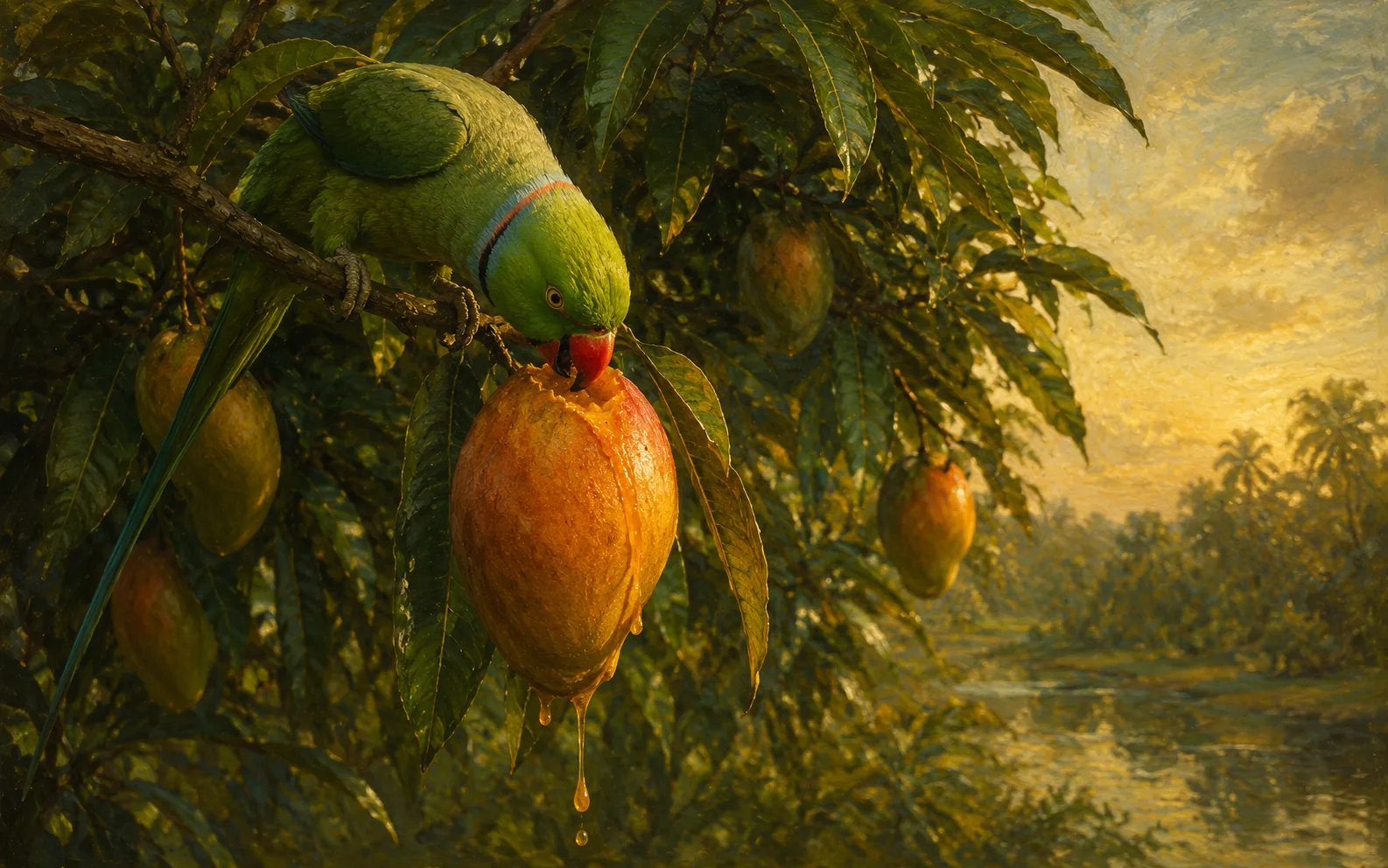 A green parakeet on a branch, opening a ripe mango whose juice runs from it, above a river at golden hour