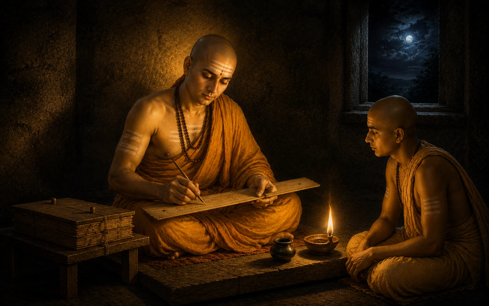 By one oil lamp at night, a young scholar seated cross-legged writes on a palm-leaf folio with an iron stylus, bound leaves stacked on a stool beside him and a disciple listening opposite, a moonlit window behind