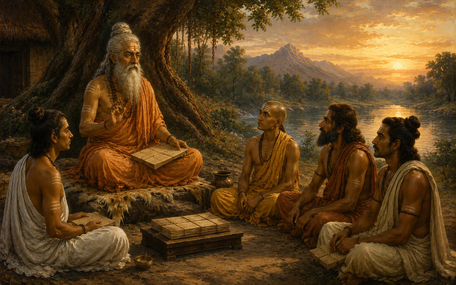 An elderly teacher seated beneath a banyan with a palm-leaf manuscript, four disciples seated before him on the ground, a river and mountains behind at sunset