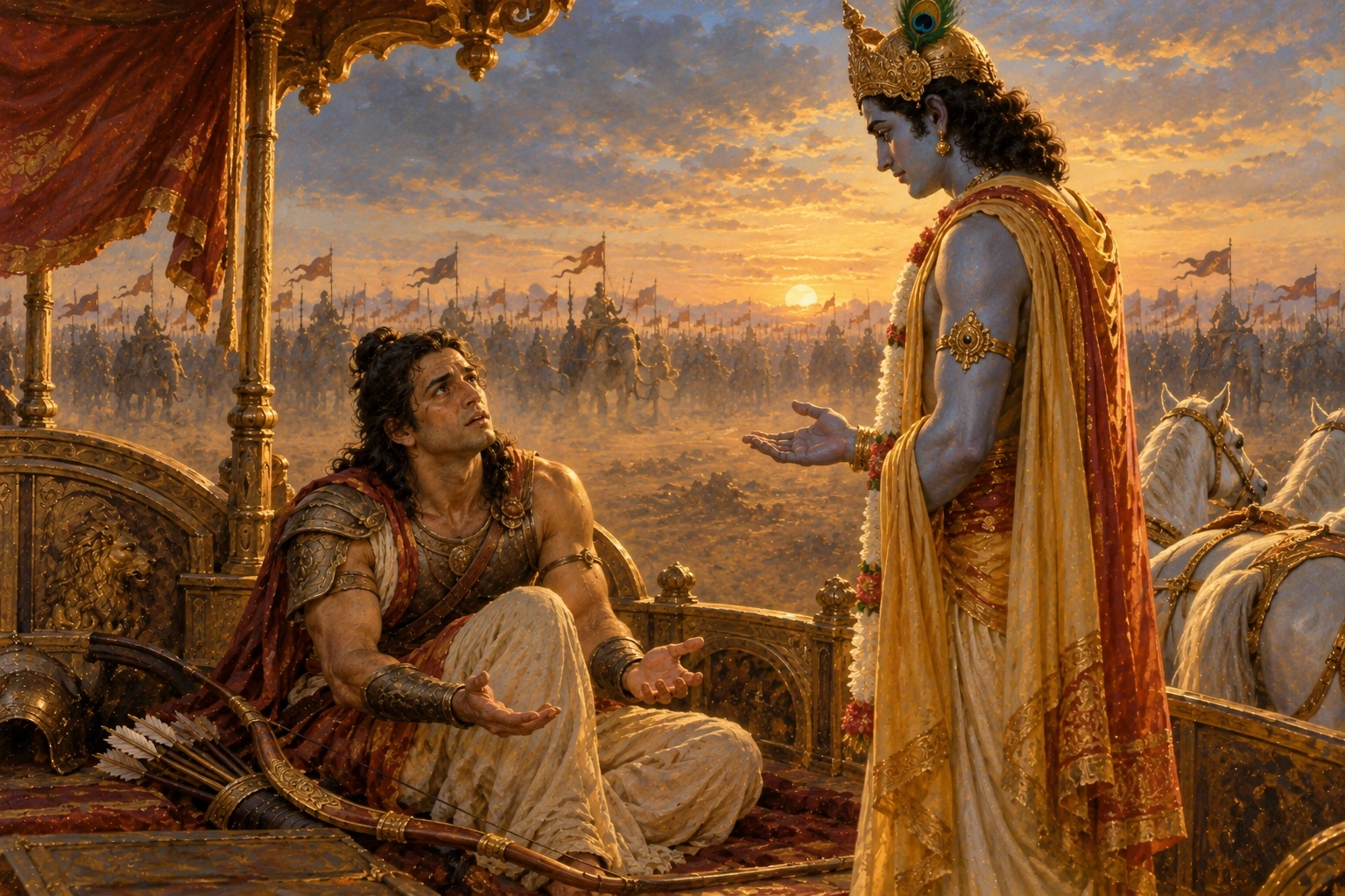 Arjuna sits on his chariot with his bow and arrows laid aside, hands raised toward Krishna, who stands beside him in royal dress against the battlefield at dawn.