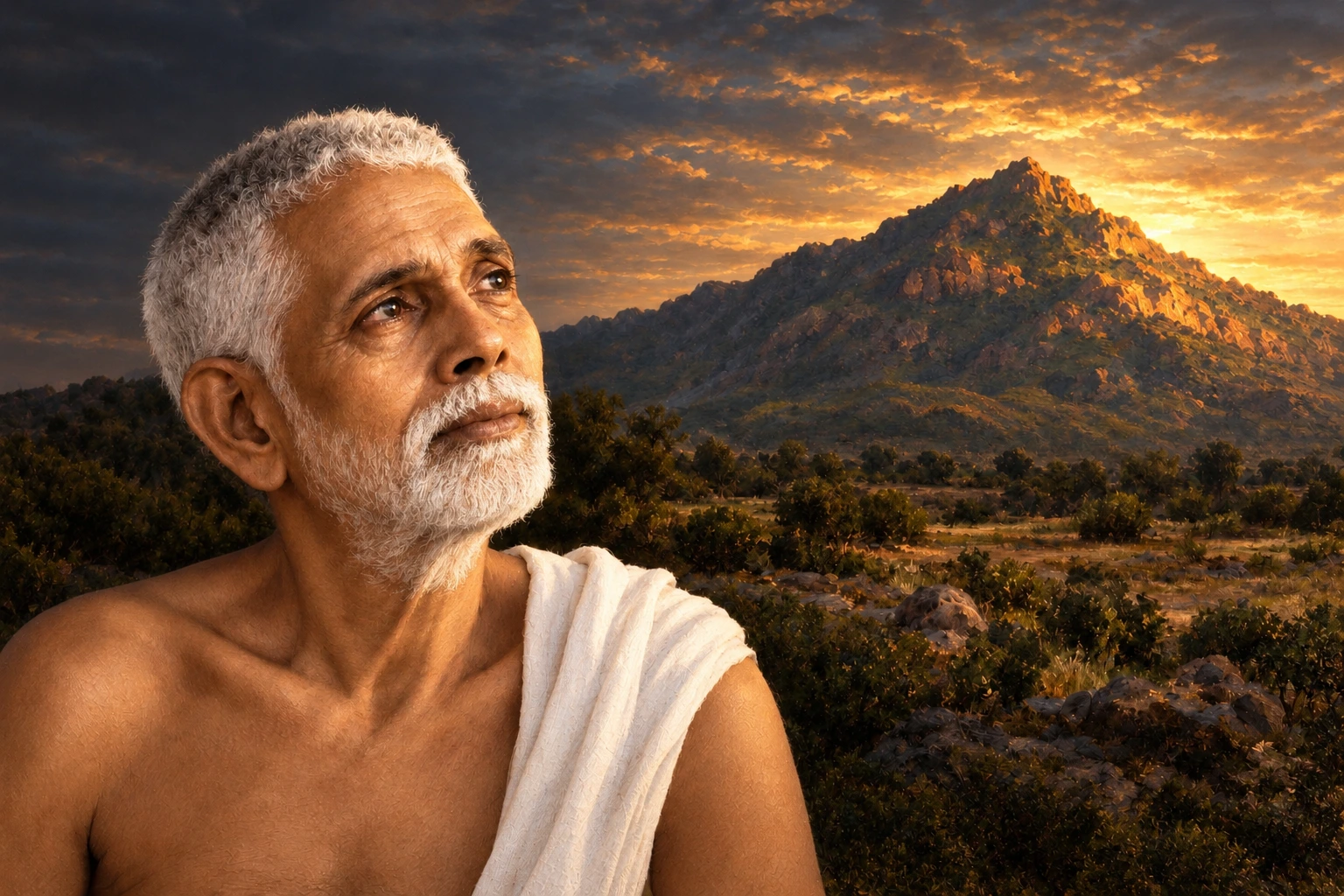 Bhagavān Śrī Ramaṇa Maharṣi, seen from the chest up and turned toward Aruṇācala at dusk, his gaze lifted toward the hill, its conical summit catching the last gold light beyond him.