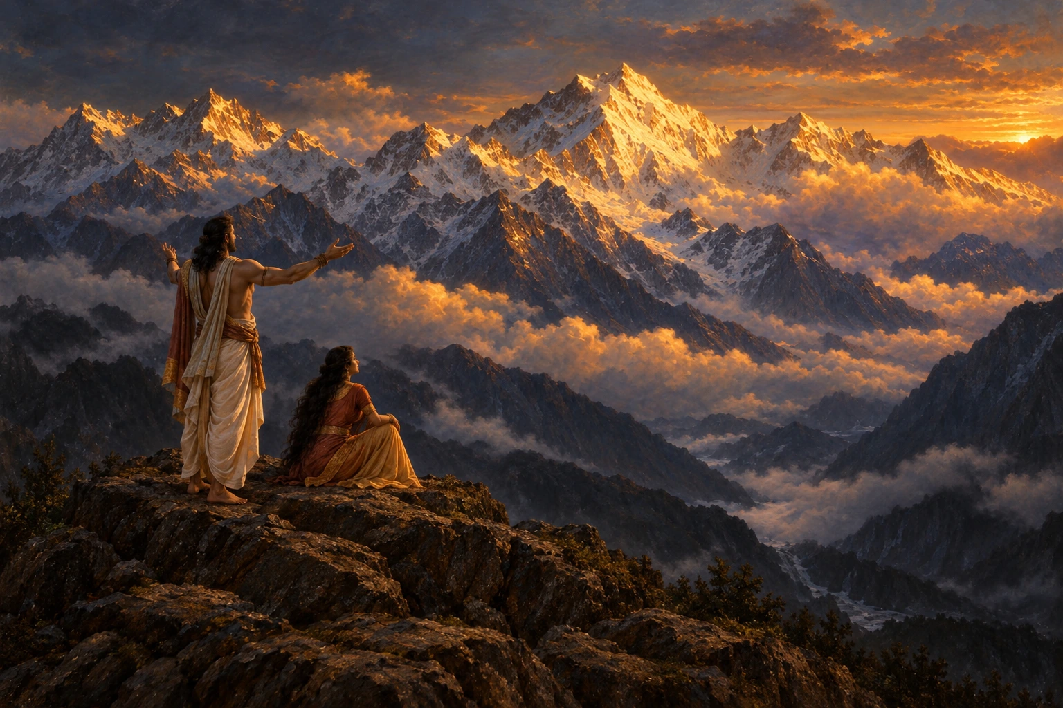 Krishna stands on a mountain outcrop with one arm raised toward the vast, sunlit Himalayan range beyond, while Draupadi sits nearby, her grief-stricken face turned toward the peaks he is showing her.