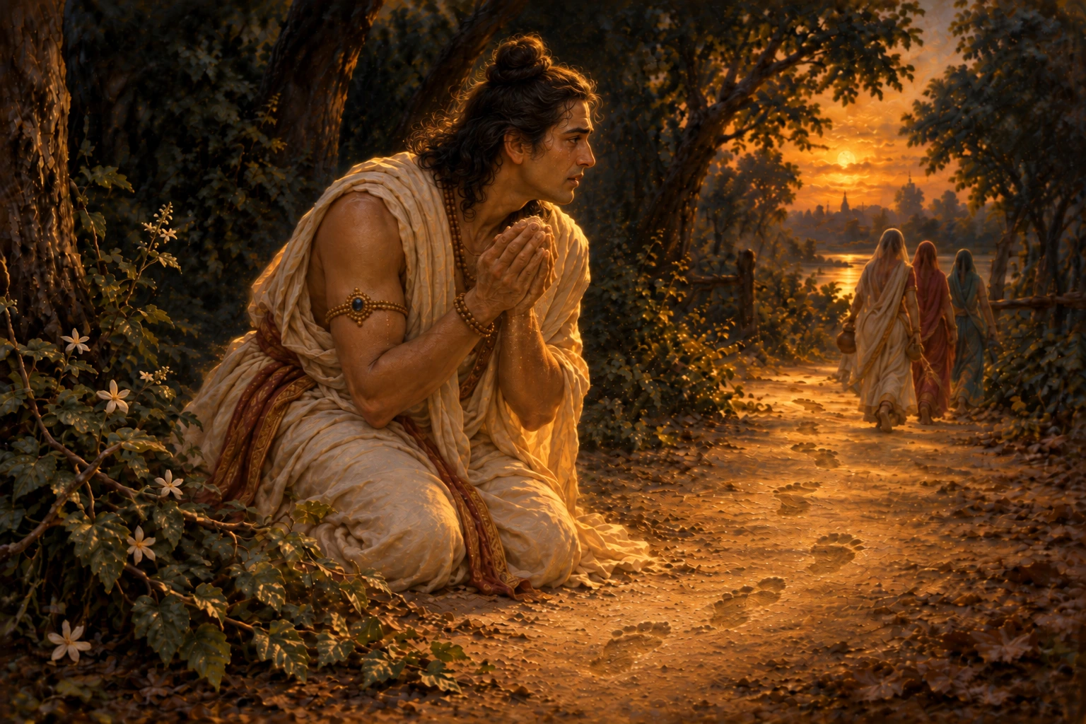 Uddhava kneels in prayer at the edge of a forest path at sunset, his hands folded, as three women walk away from him into the golden distance along a path scattered with their footprints.