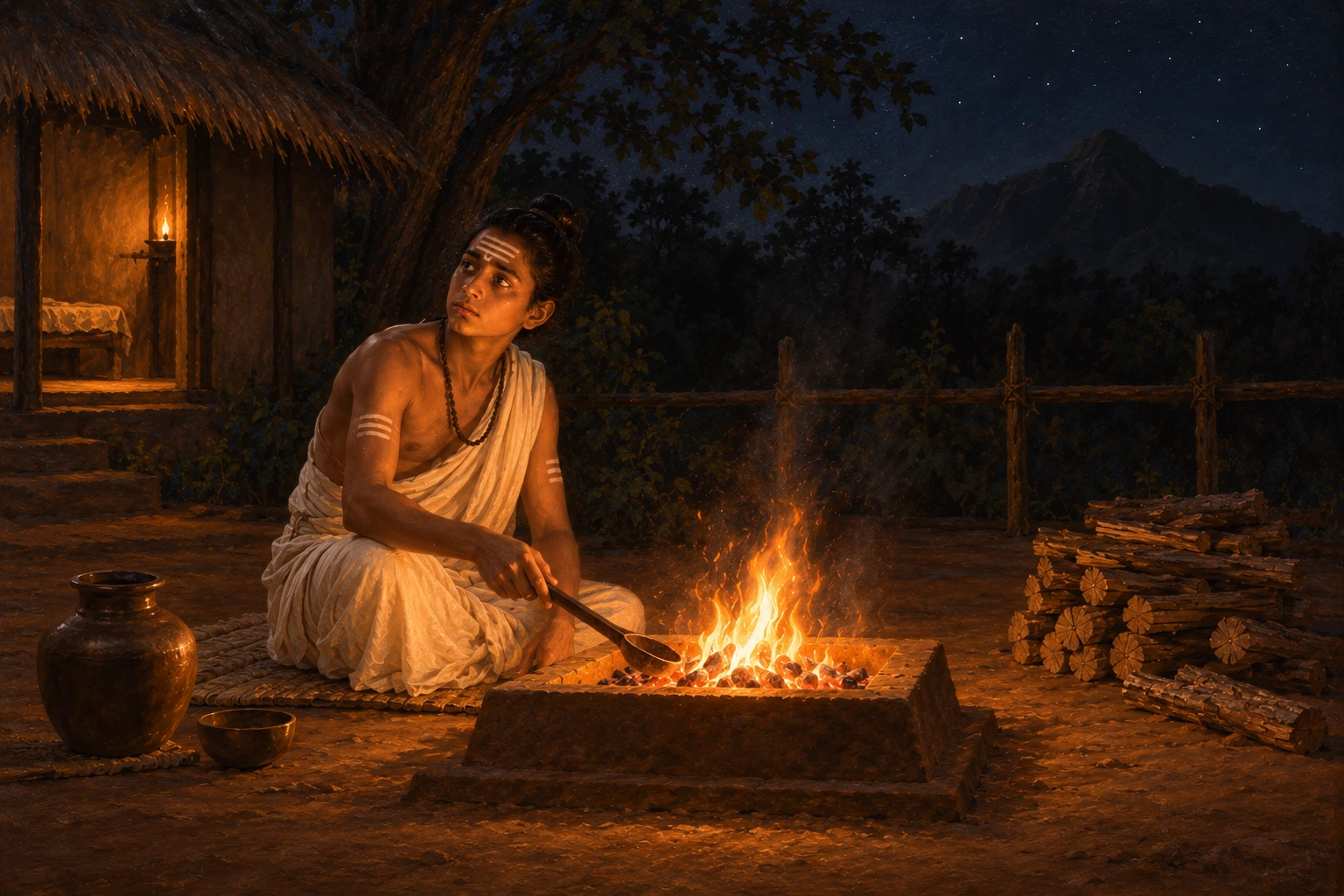 A young student kneels beside a sacred fire at night, tending it with a wooden ladle, his face turned up and listening, a thatched hut and a dark hill beyond him under a starlit sky.